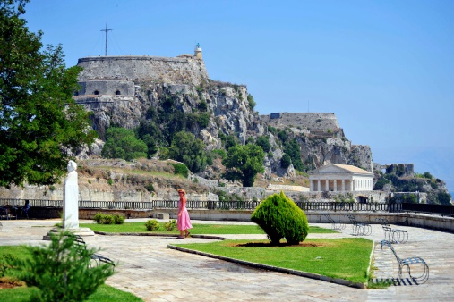The Old Fortress viewed across the ornamental gardens of Corfu Town, Corfu