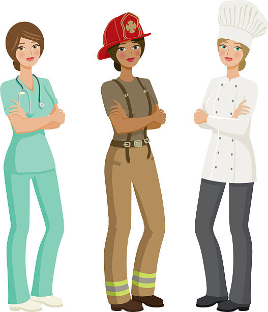 illustrazioni stock, clip art, cartoni animati e icone di tendenza di femmina professioni set di simboli - nurse standing white background beauty