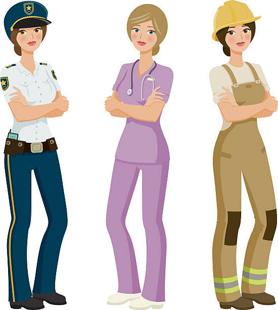 illustrazioni stock, clip art, cartoni animati e icone di tendenza di femmina professioni set di simboli - nurse standing white background beauty