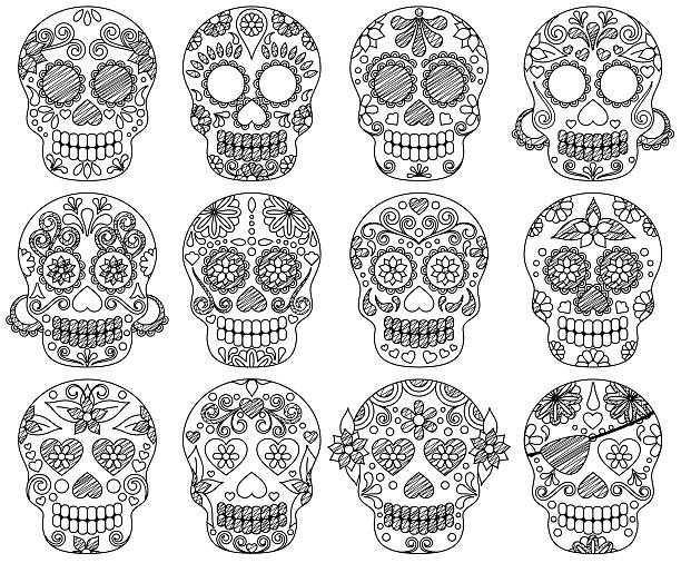 ilustrações de stock, clip art, desenhos animados e ícones de vector coleção de desenhos de dia dos mortos skulls - spooky cemetery single flower flower