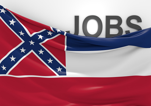 Conceptual image for jobs in Mississippi, accompanied by the state flag.