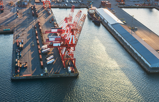 Aerial view of a large container port in Halifax Harbour.