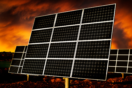 Solar Panels in Arizona desert at sunset.