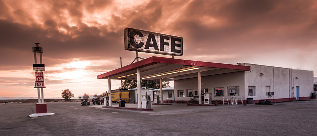 Cafe and gas station adjacent to Route 66 in California.