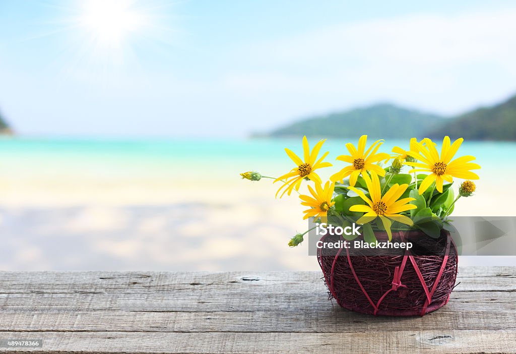 flower vase on wood table and beach background 2015 Stock Photo