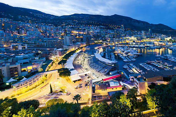 Monaco Harbour, Grand Prix Panoramic view of the harbour of Monaco at twilight, the streets are ready for the Grand Prix. Monaco stock pictures, royalty-free photos & images