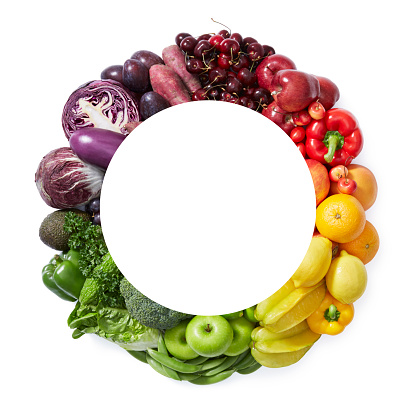 color wheel by fruits and vegetables with copy space