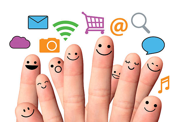 Happy finger smileys with online sign. social network. stock photo
