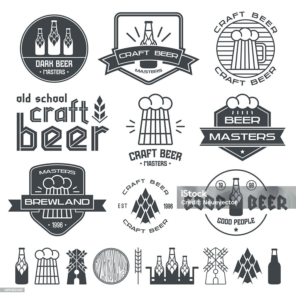 Craft beer brewery emblems Craft beer brewery emblems, labels and design elements. Black print on white background Beer Bottle stock vector