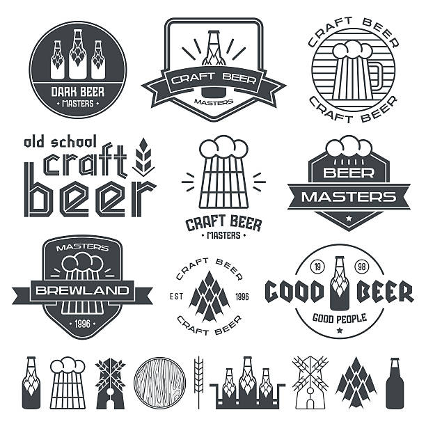 Craft beer brewery emblems Craft beer brewery emblems, labels and design elements. Black print on white background bar drink establishment illustrations stock illustrations
