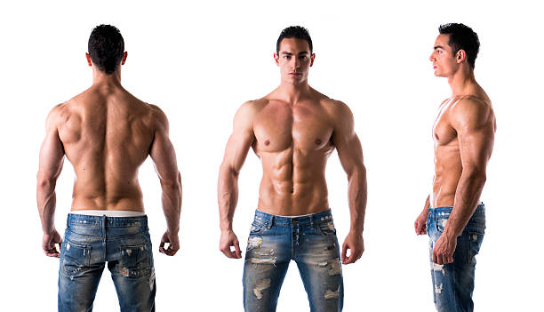 Triple view of shirtless bodybuilder: back, front, side Three views of muscular shirtless male bodybuilder: back, front and profile shot human muscle photos stock pictures, royalty-free photos & images
