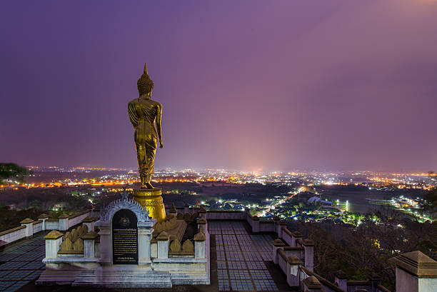 buda estátua de pé em uma montanha - gold pagoda temple synagogue imagens e fotografias de stock