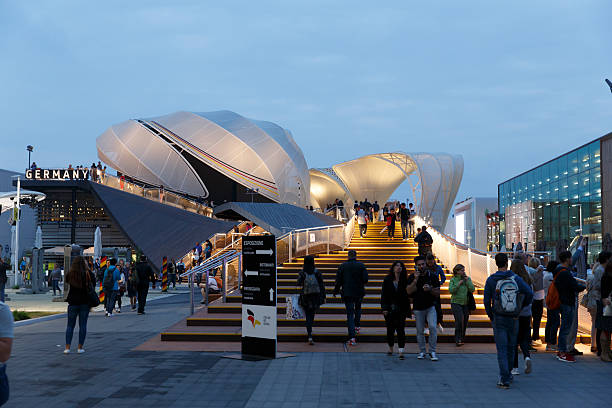 Milan, Italy, 13 September 2015: Night view of modern architecture of German exhibition hall at Milan Expo 2015