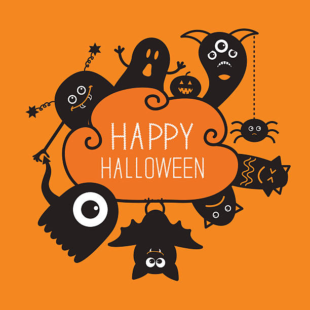 halloween contour doodle. ghost, bat, kürbis, spinne, monster set. orange - bat halloween human eye horror stock-grafiken, -clipart, -cartoons und -symbole