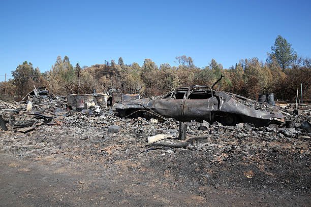 istock Burned car and residential area burned after forest fire. 489485460
