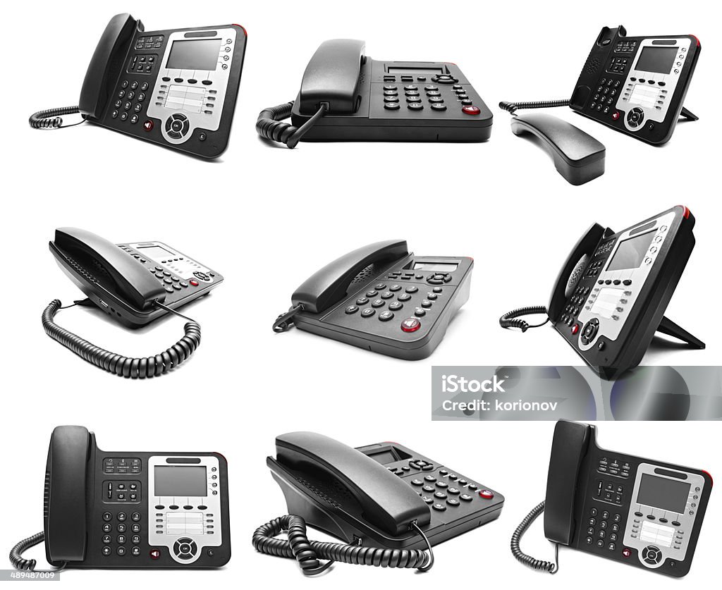 Set of Black IP office phone isolated Set of Black IP office phone isolated on white background Conference Phone Stock Photo