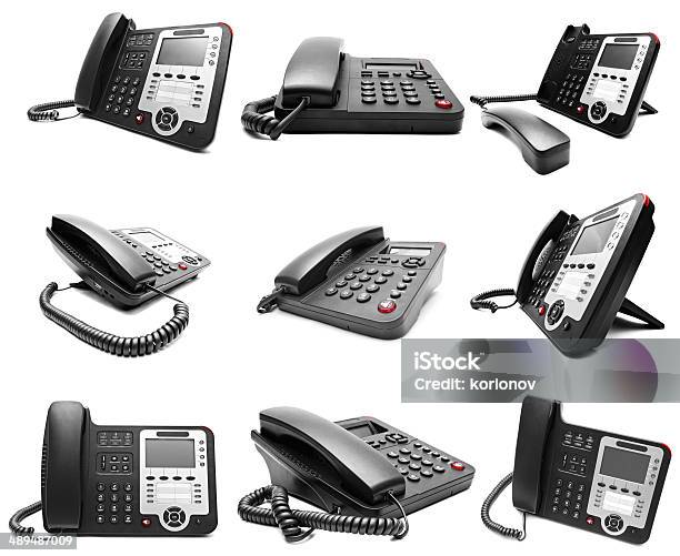 Set Of Black Ip Office Phone Isolated Stock Photo - Download Image Now - Conference Phone, Intercom, Modern