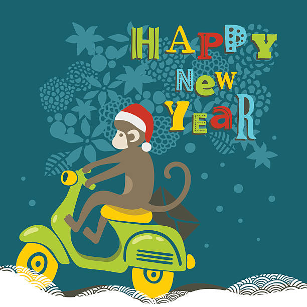 ilustrações de stock, clip art, desenhos animados e ícones de ilustração de ano novo feliz com cute macaco na scooter. - bicycle playing cards