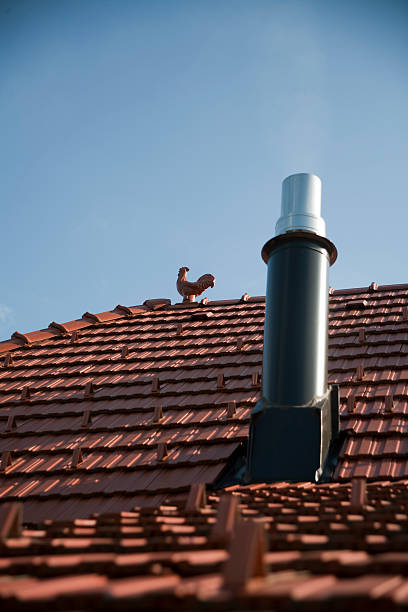 kamin auf dem dach mit lehm hahn - roof roof tile rooster weather vane stock-fotos und bilder