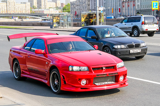 Moscow, Russia - May 5, 2012: Motor car Nissan Skyline GT-R drives at the city street.