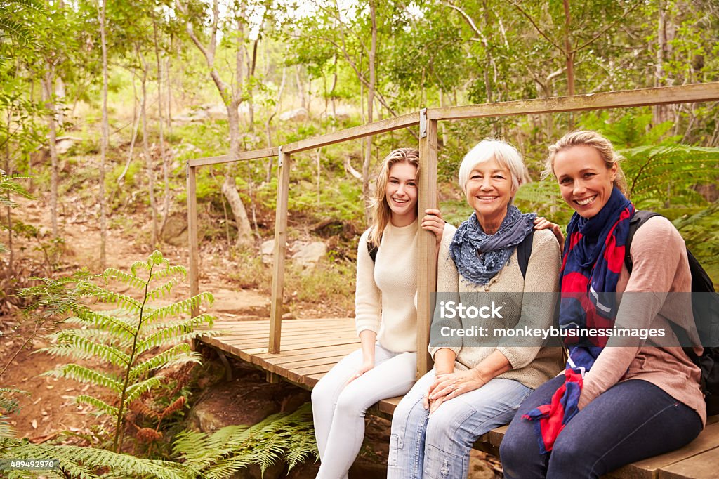 Drei Generationen von Frauen sitzen in einem Wald, Porträt - Lizenzfrei Frauen Stock-Foto