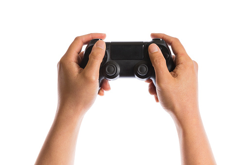 hand holding game controller  isolated on white background