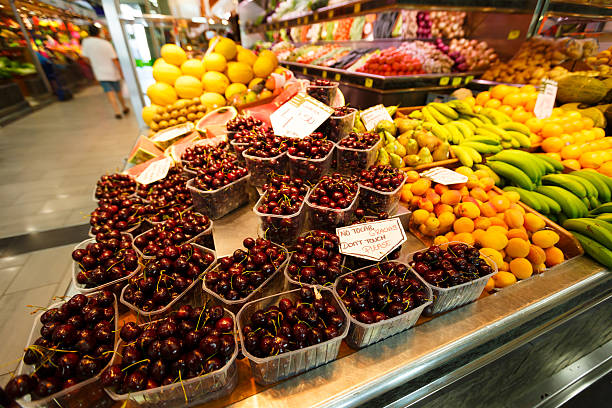 Palma de Mallorca, Spain - July 23, 2014: Showcase fruits and vegetables in the main Market hall in the city at summer time