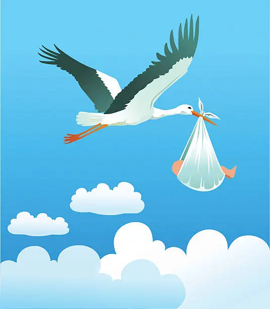 Vector illustration of Stork Flying With Newborn Baby