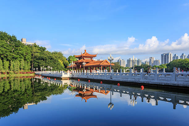 istock Vintage chinese pavillion over lake 489517622