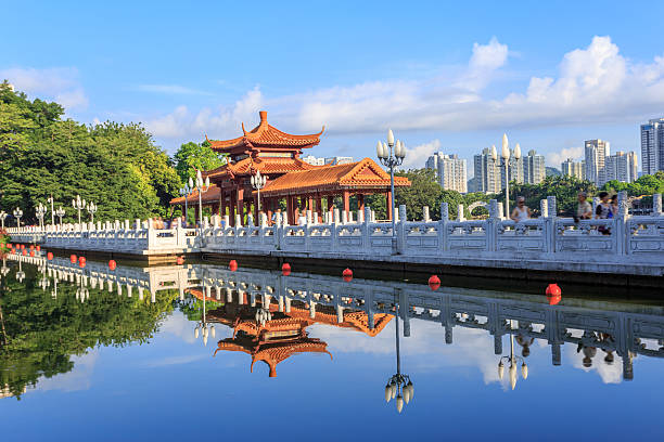 istock Vintage chinese pavillion over lake 489517654