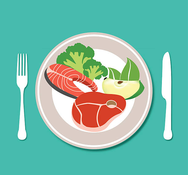 ilustraciones, imágenes clip art, dibujos animados e iconos de stock de comida saludable placa - weight scale apple comparison balance