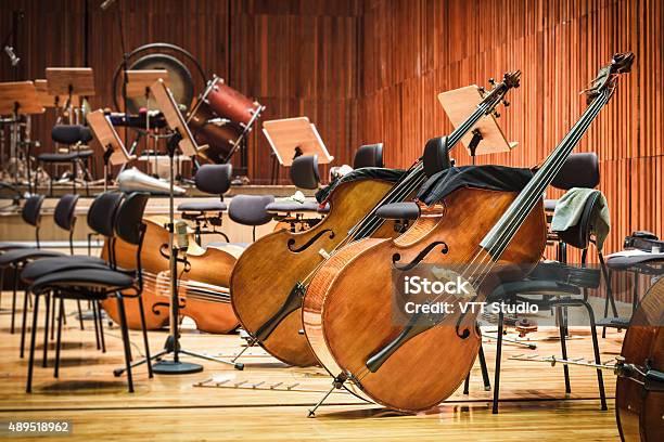 Cello Music Instruments On A Stage Stock Photo - Download Image Now - Orchestra, Musical Instrument, Music