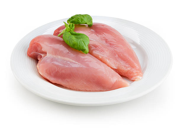 istock Raw chicken fillets on white plate isolated. With clipping path. 489522128