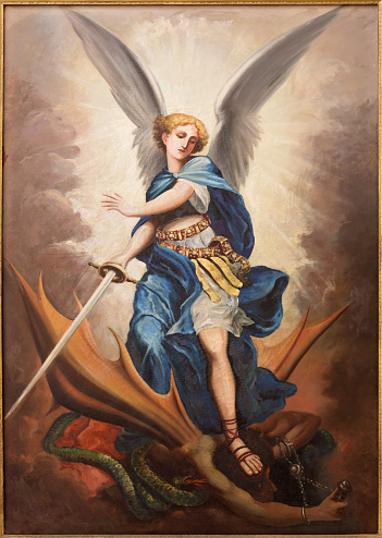 Tel Aviv, Israel - March 2, 2015: The paint of archangel Michael from st. Peters church in old Jaffa by Catalan painter P. Zalarn from end of 19. cent.
