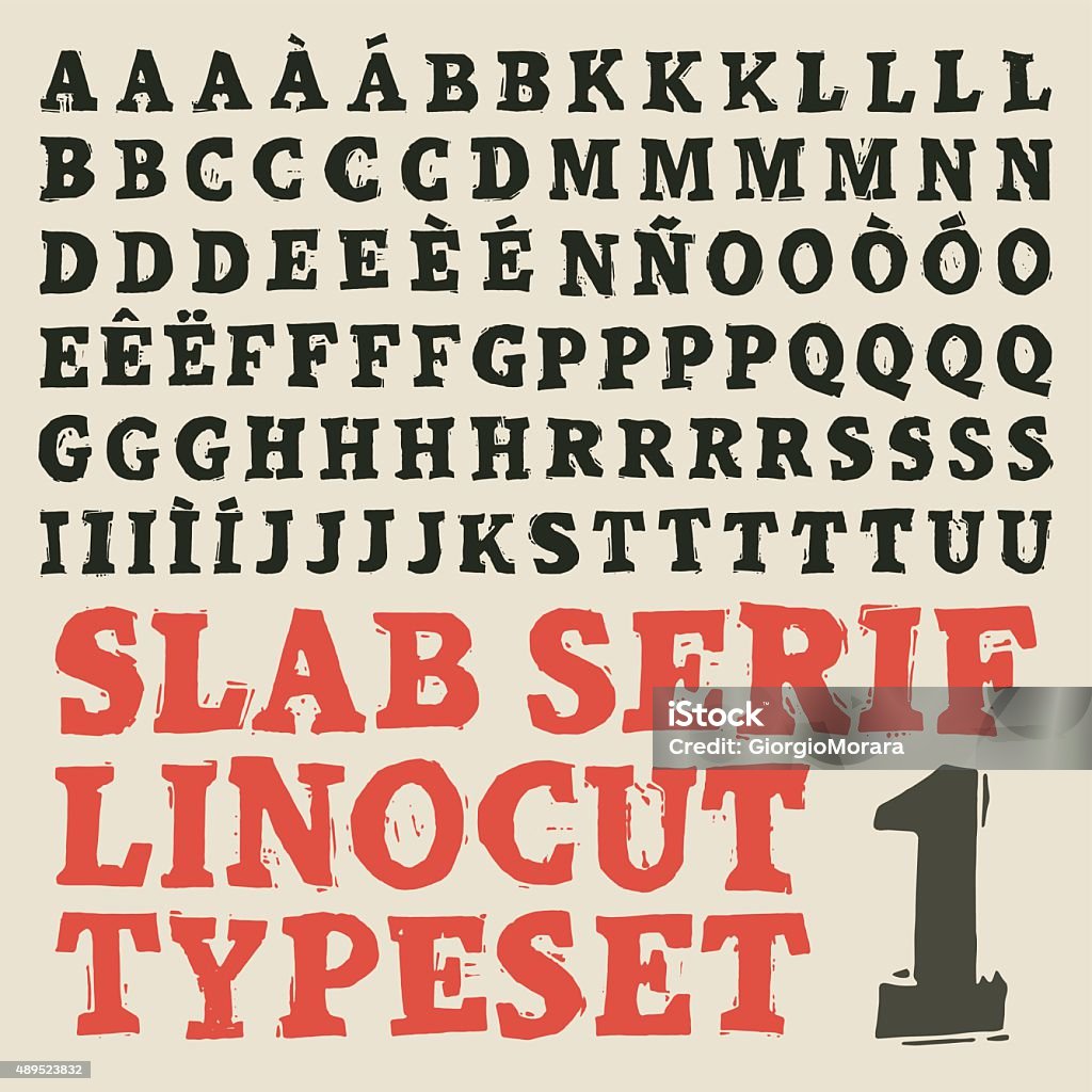Slab serif linocut typeset Home made slab serif linocut typeset Woodcut stock vector