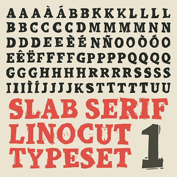 Slab serif linocut typeset Home made slab serif linocut typeset woodcut stock illustrations