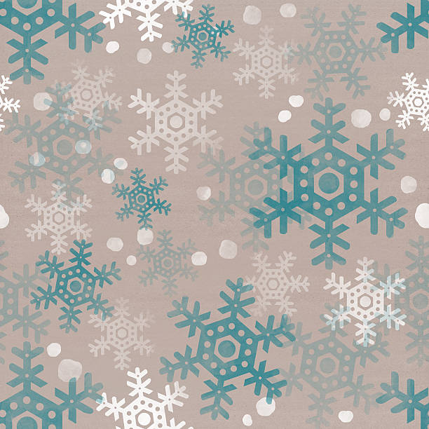Clustered snowflakes (blue, white) on beige paper cardboard seamless background vector art illustration