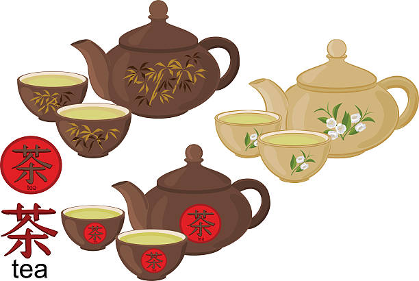 illustrations, cliparts, dessins animés et icônes de la théière et des tasses de thé vert chinois. - kettle foods