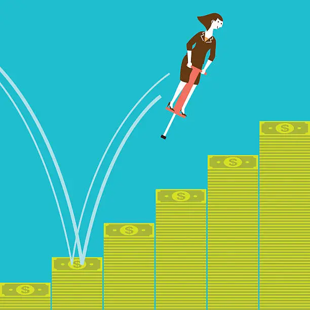 Vector illustration of Businesswoman Pogostick Jumping on Banknotes | New Business Concept