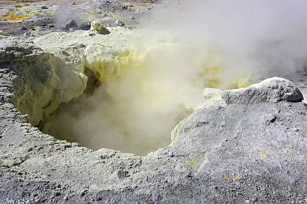 Sulfur fumarole in crater of active Mutnovsky Volcano. Kamchatka Peninsula, Far East, Russia.