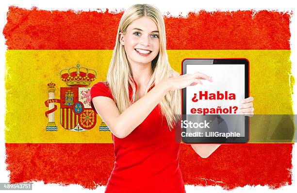 Spanish Language Learning Concept Woman Holding Tablet Pc Stock Photo - Download Image Now