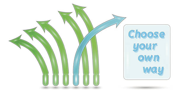 choose your own way choose your own way with green and blue arrows on white background upstream stock illustrations
