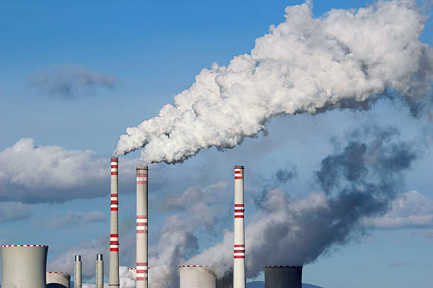 Huge white smoke from coal power plant stock photo