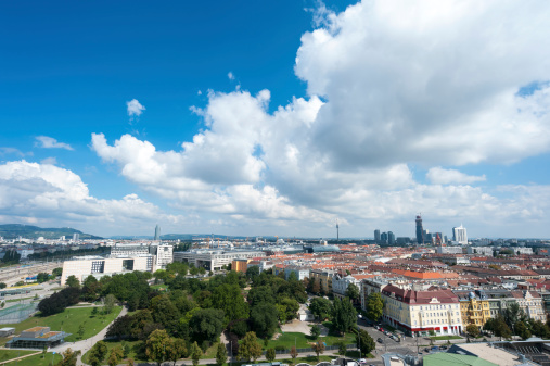 Vienna, Austria - aerial view of the Old Town, a UNESCO World Heritage Site and Donau city in the distance from Prater amusement park.