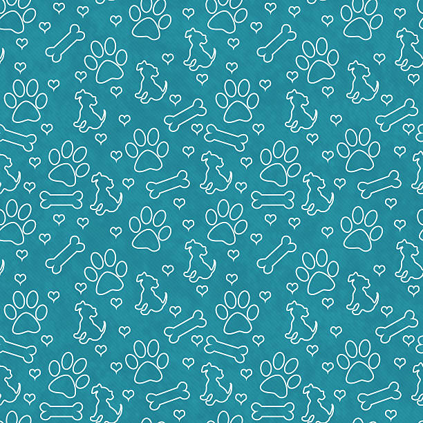 Teal and White Doggy Tile Pattern Repeat Background Teal and White Dog Paw Prints, Puppy, Bone and Hearts Tile Pattern Repeat Background that is seamless and repeats dog bone photos stock pictures, royalty-free photos & images