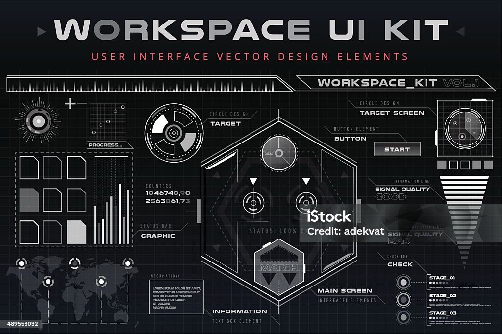 UI hud infographic interface web elements UI hud infographic interface web elements. Futuristic space thin HUD user interface. Web UI interface elements, UI elements, UI design, UI vector icons. Game target navigation interface hud ui design 2015 stock vector