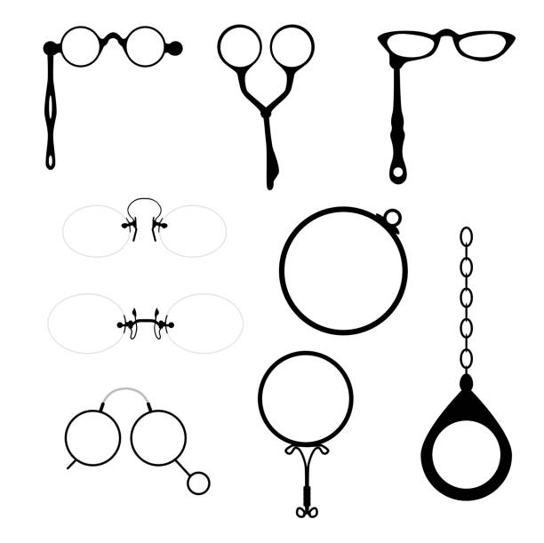 Monocles, Nose Clip, Lens Eyeglasses frames set. Monocles, Pince-Nez, Lorgnette. Silhouettes on white background. Vector illustration eps 8.  collection necklace jewelry image stock illustrations