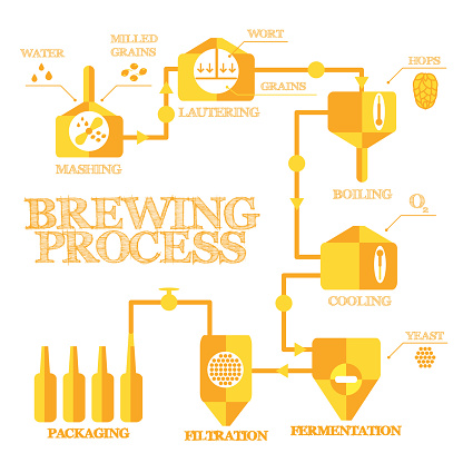 Brewery steps. Beer brewing process elements. Alcohol production infographics. Vintage flat style. Vector illustration eps 8.