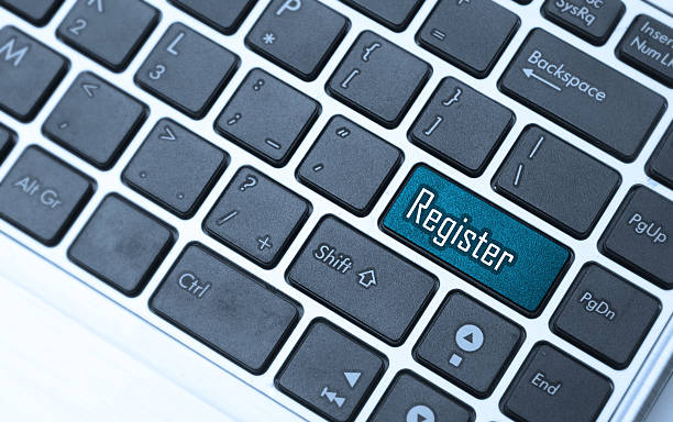 istock Closeup of register key in a modern keyboard. 489562882