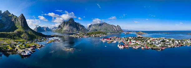 Scenic Norway Aerial panorama of Reine, scenic fishing town on Lofoten islands in Norway reine lofoten stock pictures, royalty-free photos & images